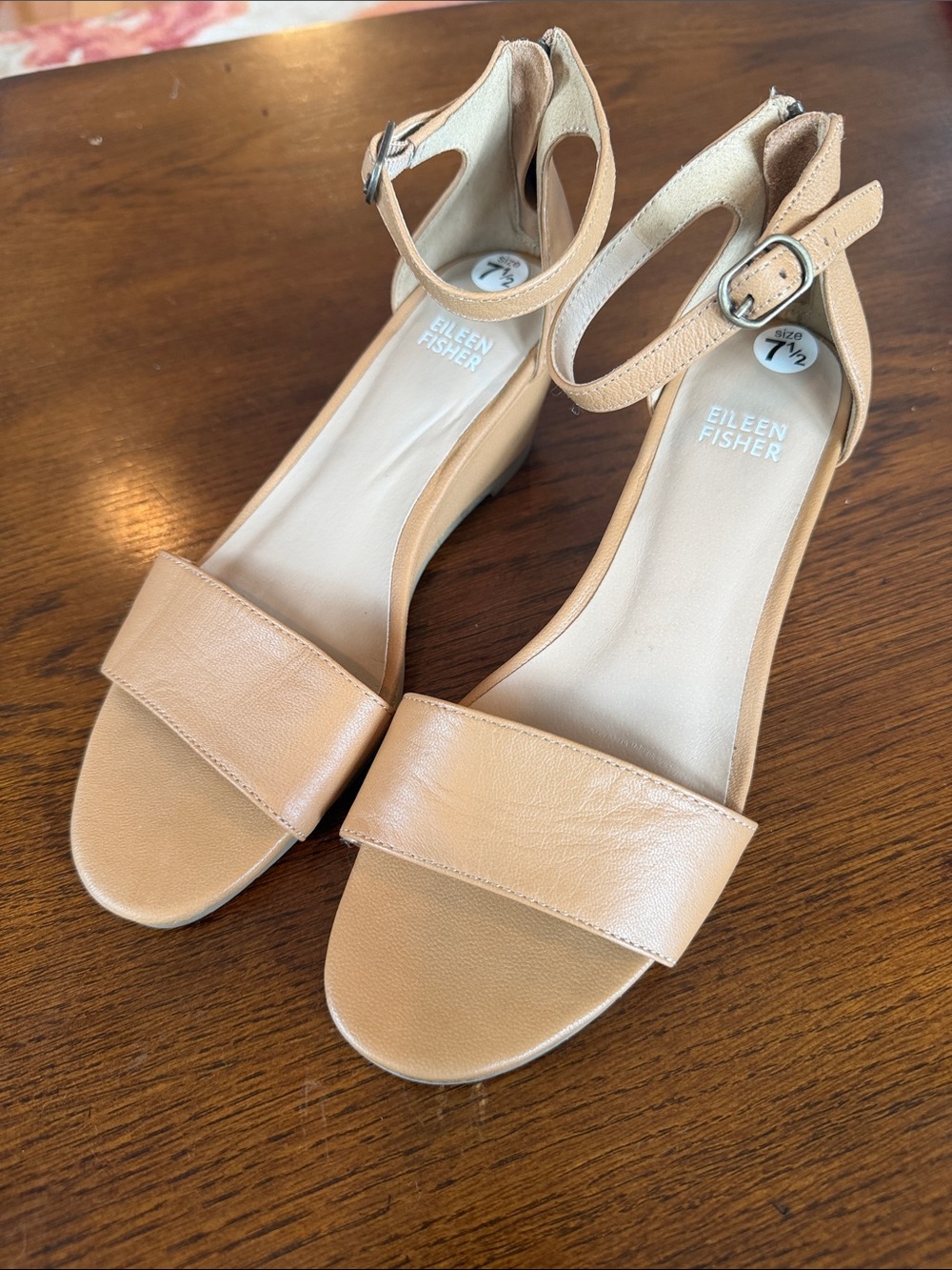 Eileen Fisher Beige Tan Leather Ankle-Strap Wedge Sandals